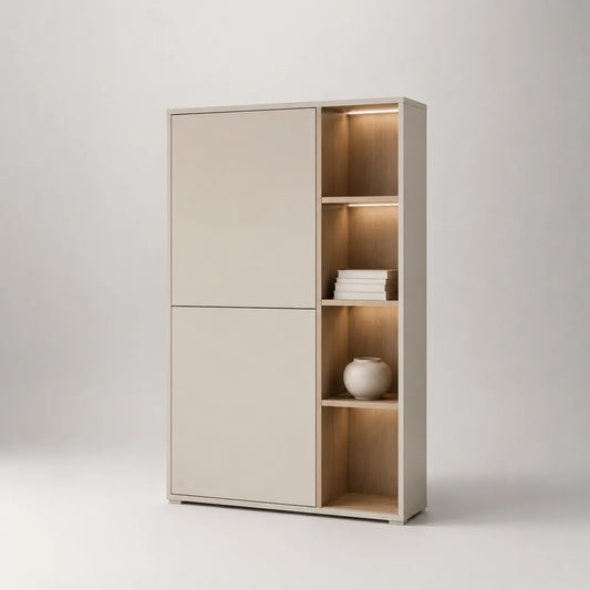 Credenza alta in legno con 2 ante, 4 vani e illuminazione LED, beige e rovere naturale, 120 × 40 × 180 cm