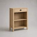 Credenza portavini rettangolare in legno con portacalici, cassetto e 2 ripiani, rovere naturale e nero, 70 × 35 × 95 cm