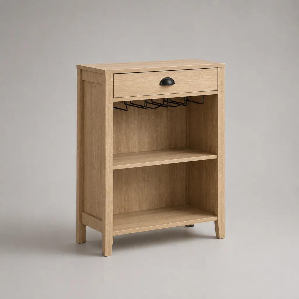 Credenza portavini rettangolare in legno con portacalici, cassetto e 2 ripiani, rovere naturale e nero, 70 × 35 × 95 cm