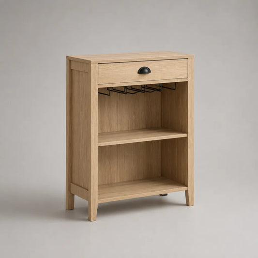 Credenza portavini rettangolare in legno con portacalici, cassetto e 2 ripiani, rovere naturale e nero, 70 × 35 × 95 cm