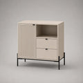 Credenza contenitore in legno e acciaio beige e nero con anta, 2 cassetti e vano aperto, 90 x 40 x 100 cm
