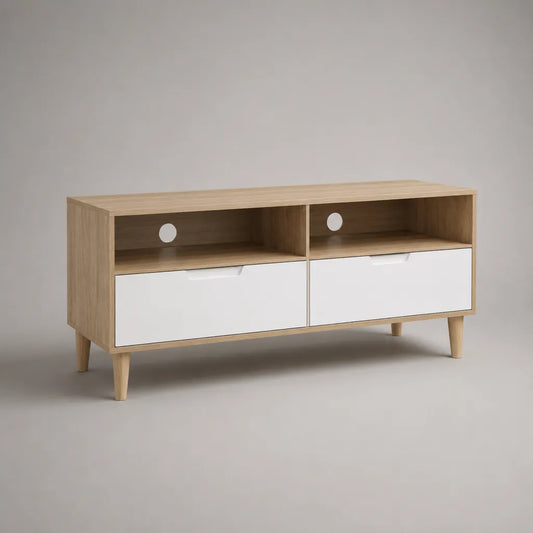 Mobile TV rettangolare in truciolare melaminico con 2 cassetti e 2 vani, rovere chiaro e bianco, 120 x 40 x 60 cm