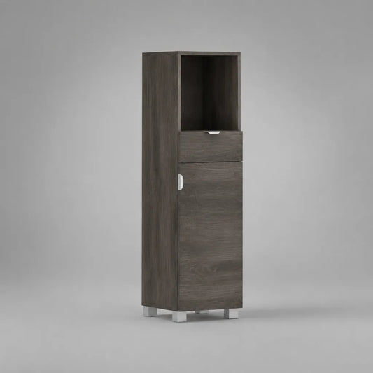 Mobile colonna da bagno in legno grigio rovere con vano aperto, cassetto e anta, 30 × 30 × 120 cm
